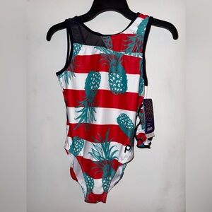 Striped Pineapple Print Leotard - Red and Teal